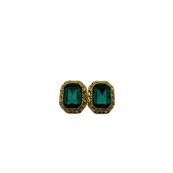 Oversized Emerald Green Glass Rhinestone Large Stud Pierced Earrings - Picture 1 of 5
